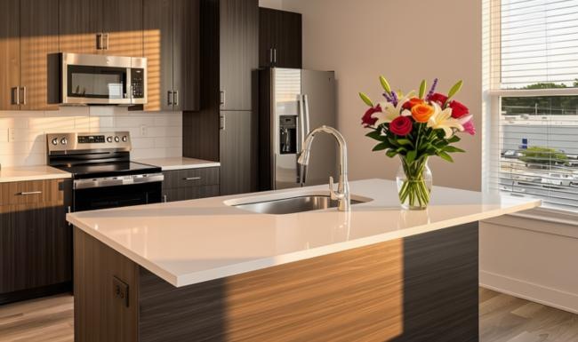 a kitchen with a sink and a vase of flowers